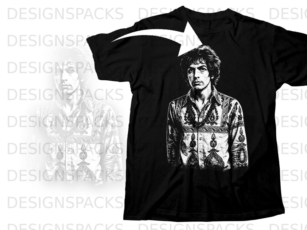 Black t-shirt featuring a black and white graphic of a man with curly hair.