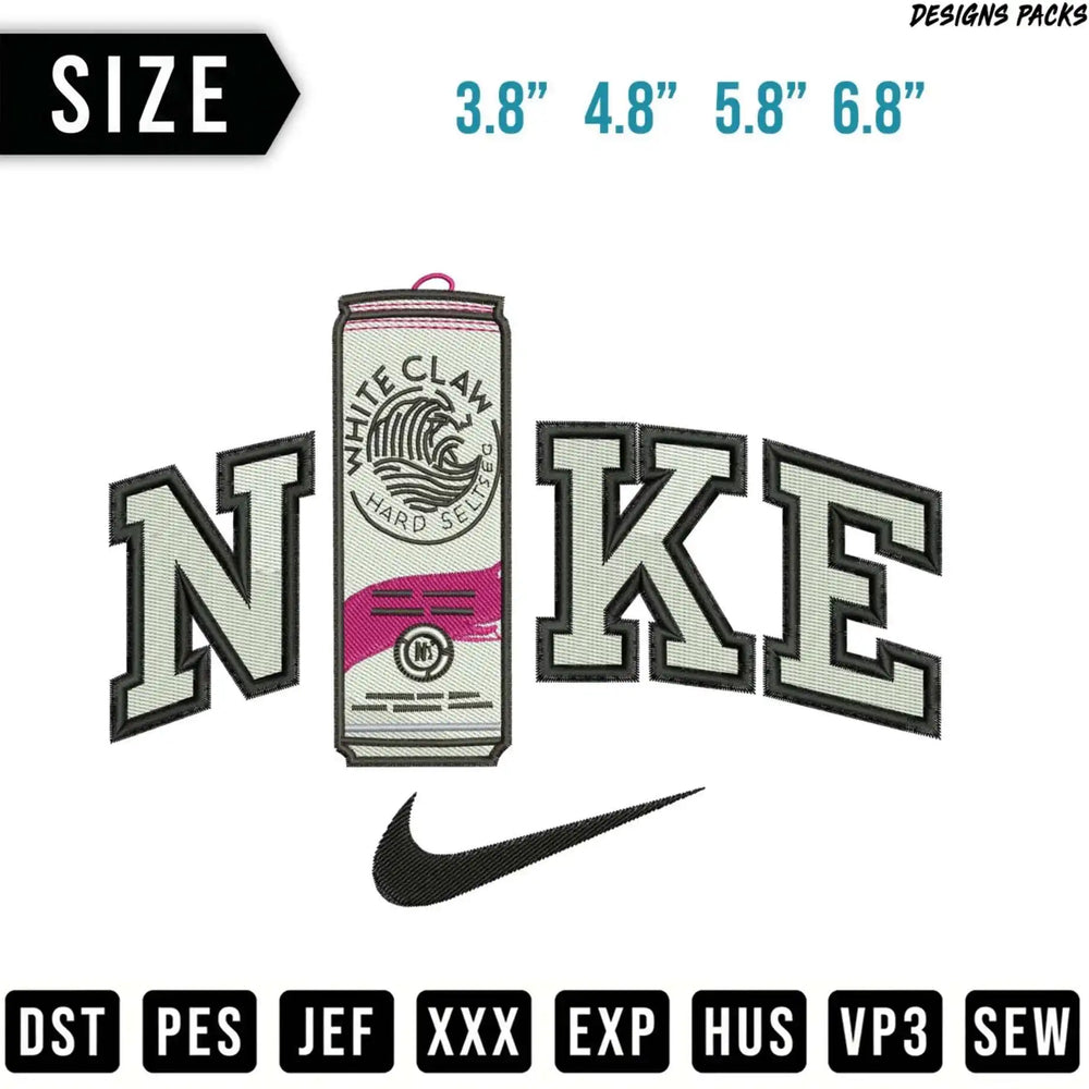 White Claw hard seltzer can with "NIKE" text and size options.