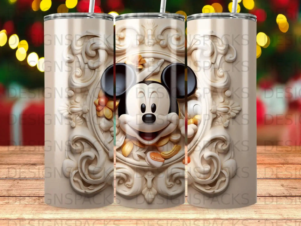 Mickey Mouse in bas-relief on a tumbler with repeating "DESIGNSPACKS" pattern.