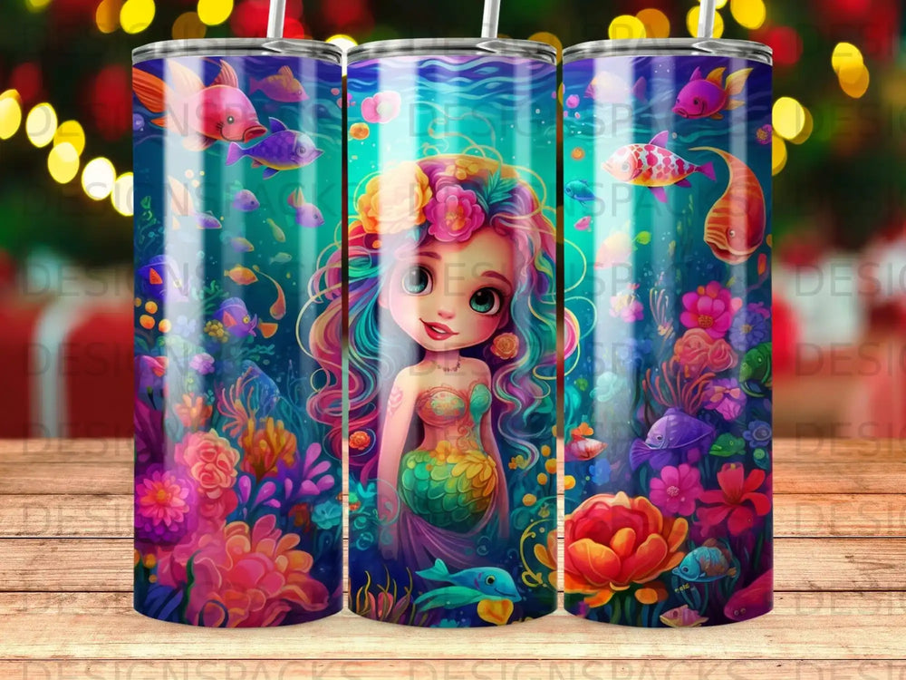 Mermaid with colorful flowers and fish, underwater scene.