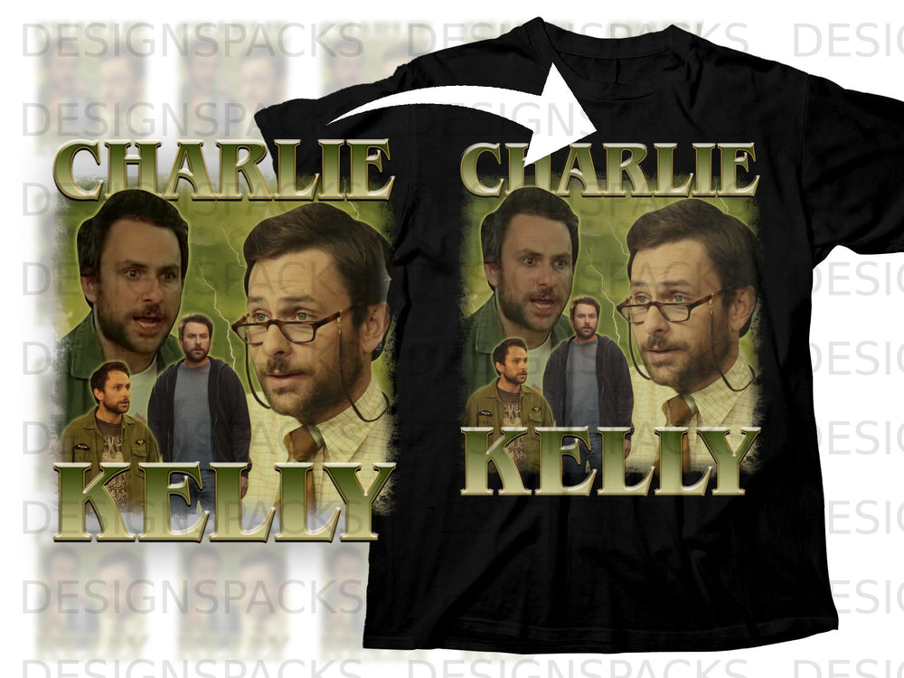Black t-shirt with "Charlie Kelly" in large metallic letters and character portraits.