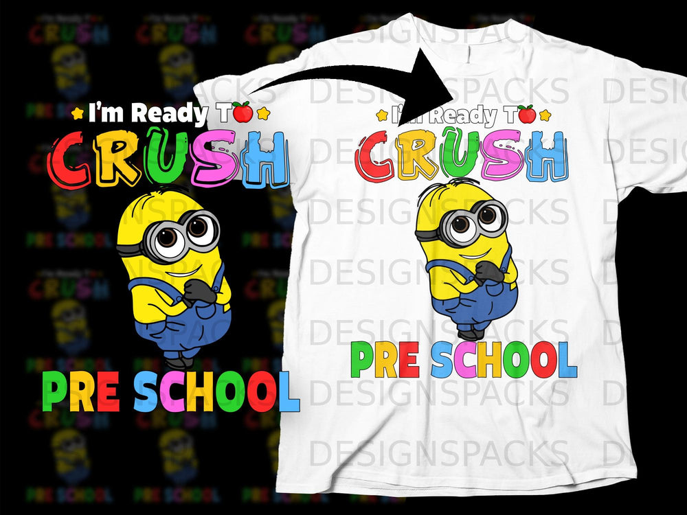 Minion character with "I'm Ready To Crush Preschool" text on a t-shirt.