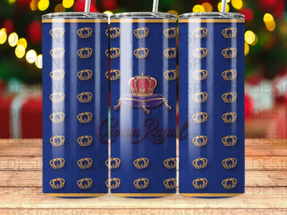 Blue tumbler with repeated gold crown pattern and "Crown Royal" text.