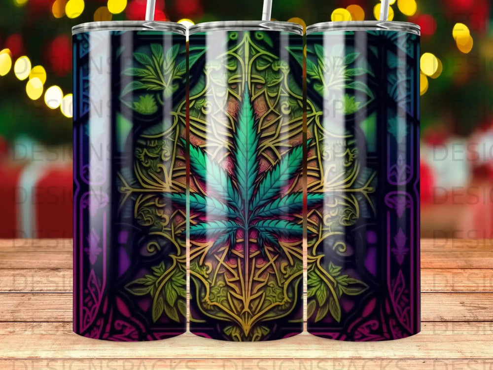 Cannabis leaf mandala design on a tall tumbler with straw.