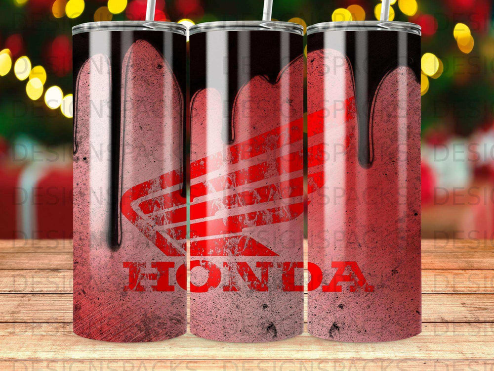 Red dripping paint on a black tumbler with the Honda logo.