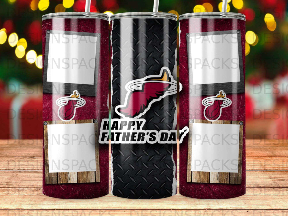 Tumbler with "Happy Father's Day" and Miami Heat logo.