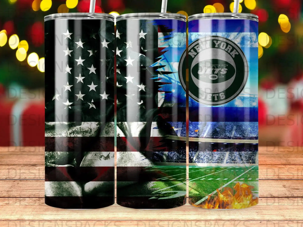 New York Jets football tumbler with American flag and stadium graphics.