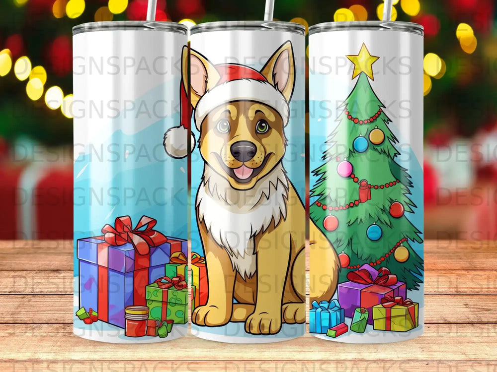 Christmas dog wearing Santa hat with presents and a tree.