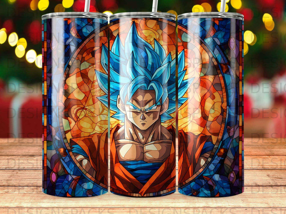 Goku with blue hair in stained glass style on a tumbler.