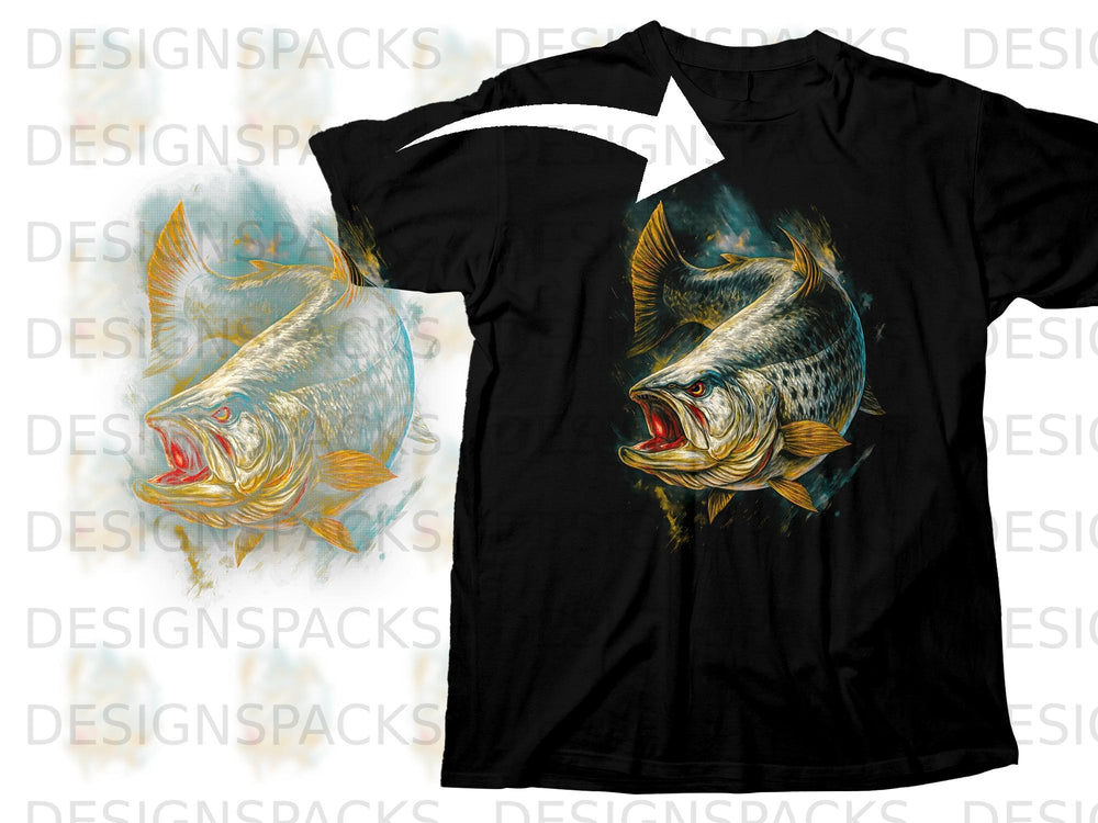 Black t-shirt featuring a detailed, open-mouthed bass fish graphic with vibrant colors.