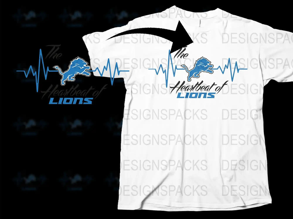 Heartbeat of Lions Graphic T-Shirt, Blue and White Lion Pulse Design, Casual Sports Tee, Unique Animal Motif Shirt