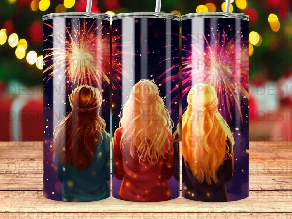 Three girls watch fireworks, backs to viewer, against a starry night.
