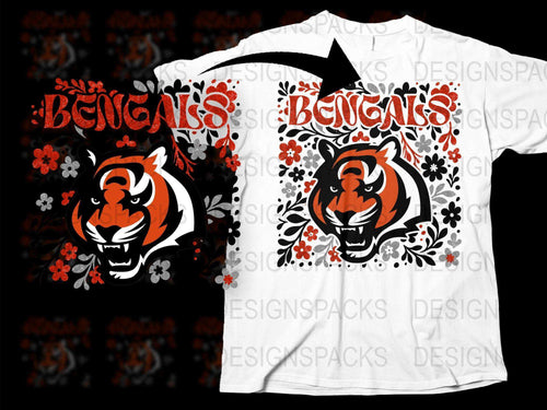 Bengals Graphic T-Shirt Floral Pattern Tiger Face Design Unisex Tee Sports Fan Apparel Black and White