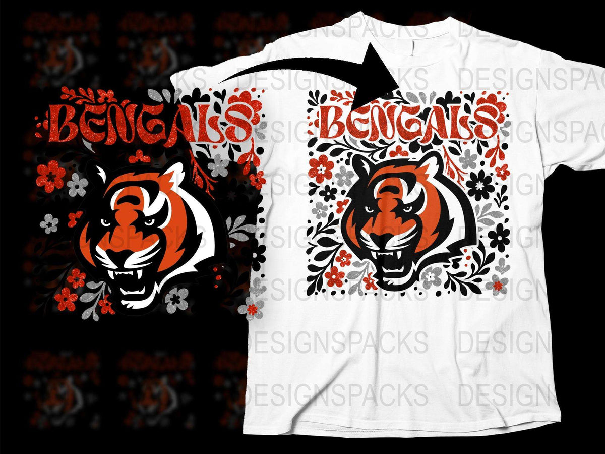 Bengals Graphic T-Shirt Floral Pattern Tiger Face Design Unisex Tee Sports Fan Apparel Black and White