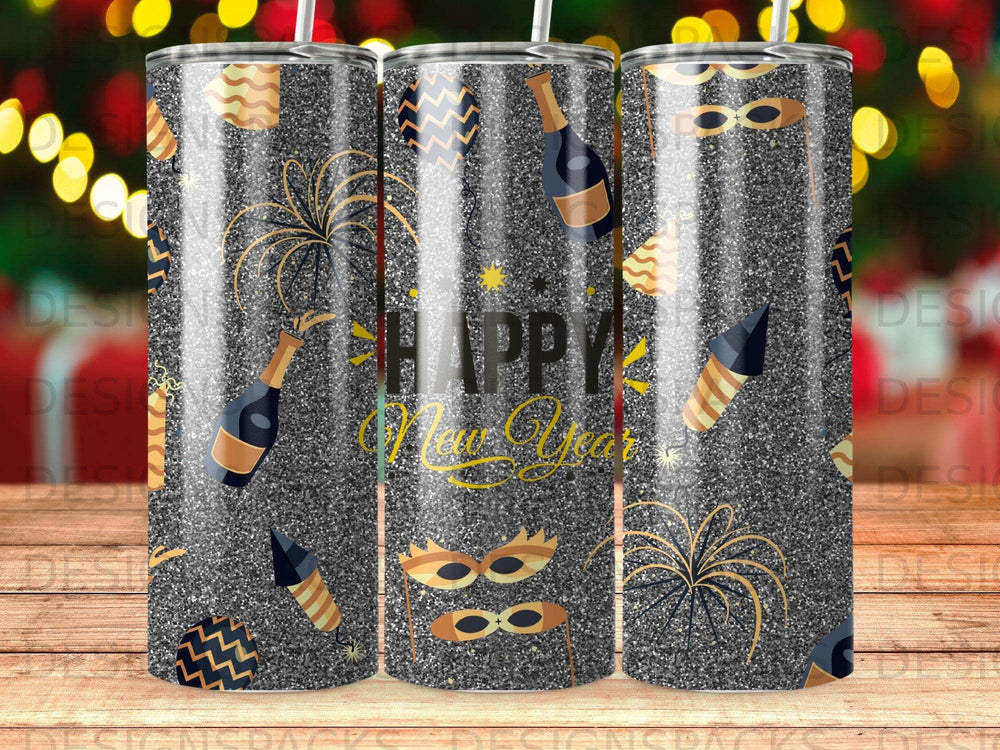 Happy New Year tumbler with champagne bottles, masks, and fireworks.
