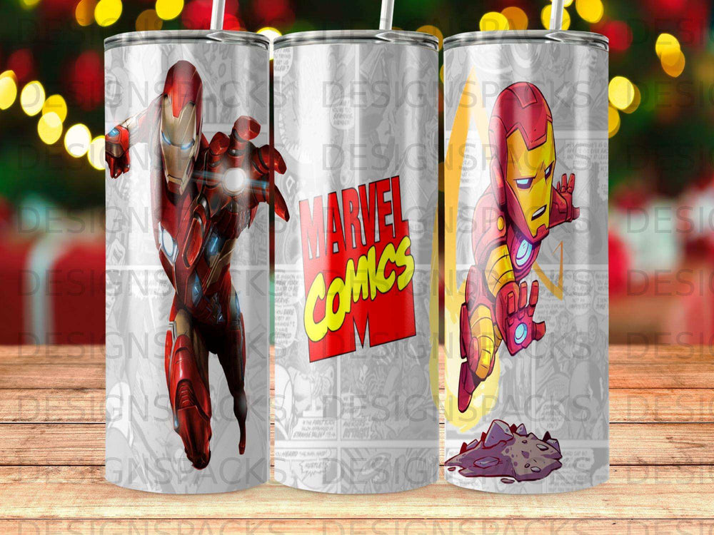 Iron Man and Captain America on a tumbler with Marvel Comics text.