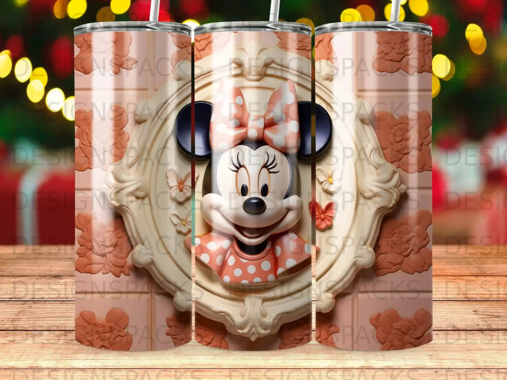 Minnie Mouse character in ornate frame with polka dot bow on tumbler.
