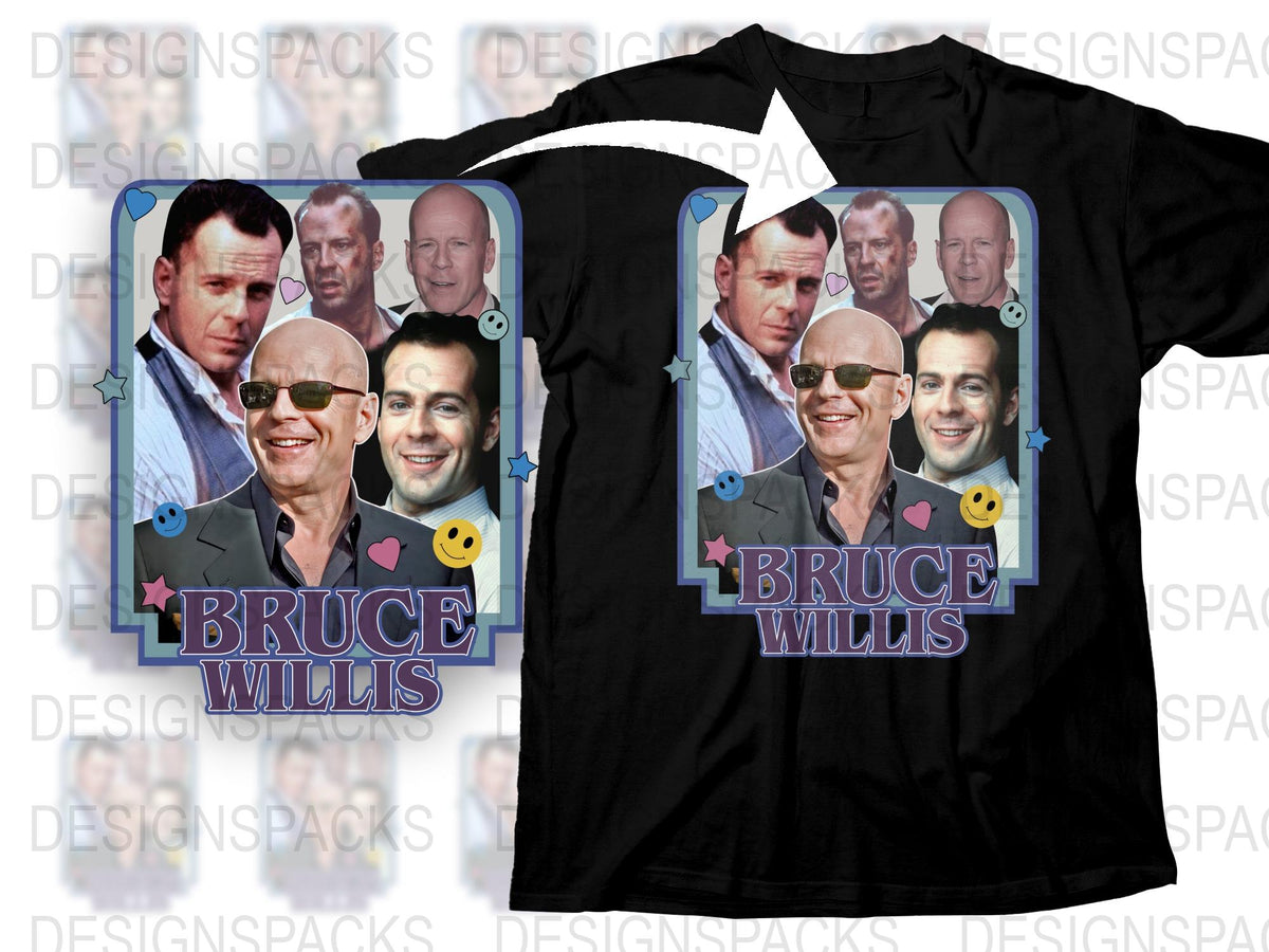Bruce Willis Graphic T-Shirt, Vintage Movie Star Collage Tee, Classic Actor Fan Gift, Pop Culture Apparel, Unique Design Top