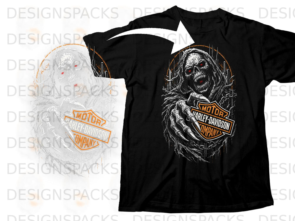 Black t-shirt with a grim reaper graphic and Harley-Davidson Motor Company logo.