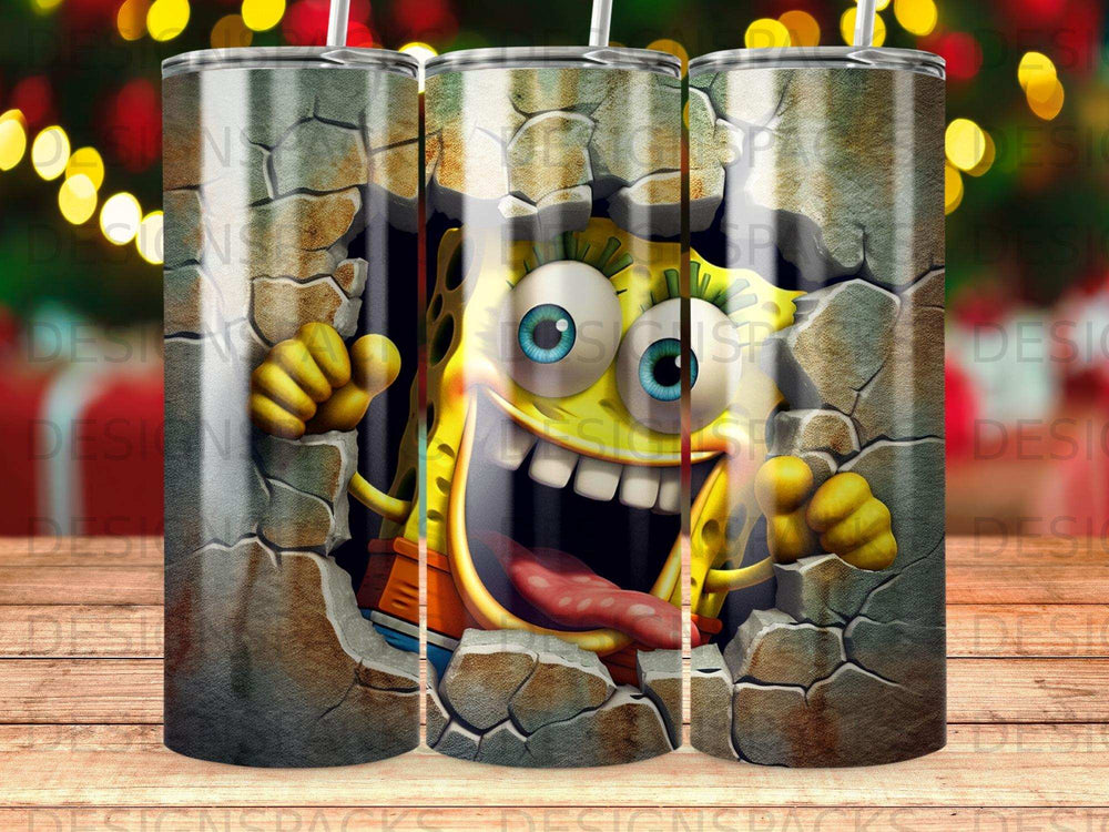 SpongeBob SquarePants bursting through a cracked concrete wall.