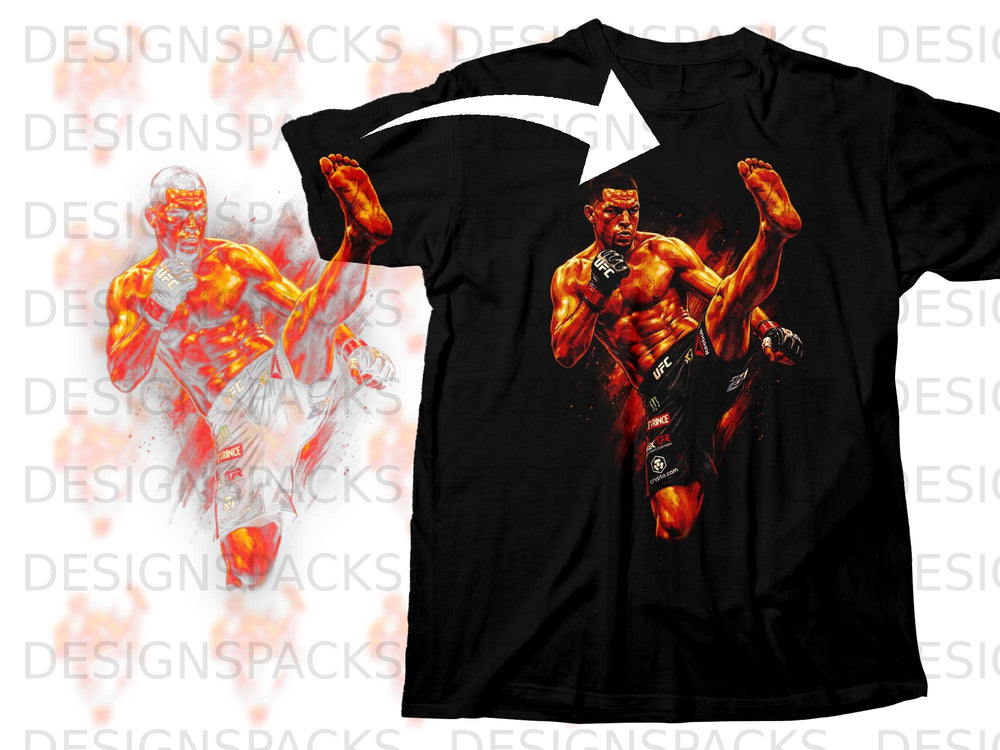 Black t-shirt featuring a UFC fighter mid-kick with fiery accents.