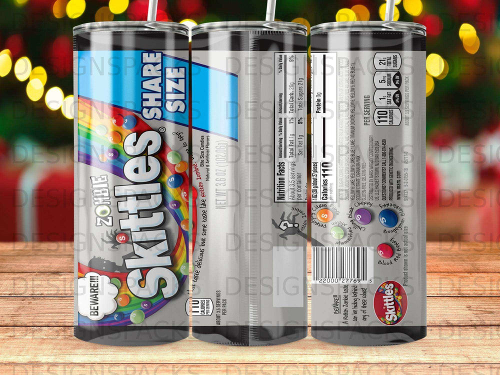 Skittles Zombie Share Size bag with "BEWARE!!!" warning and nutrition facts.