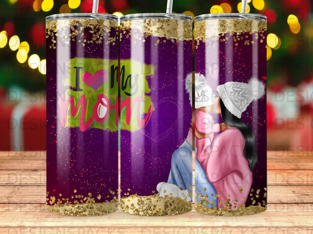 Purple tumbler with glitter, "I Love My Mom" and silhouette of mother and child.