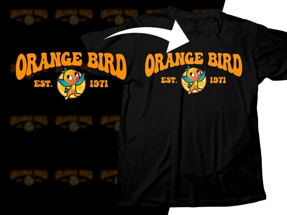 Black t-shirt with Orange Bird design, est. 1971, vibrant print-ready graphic for DTG/DTF