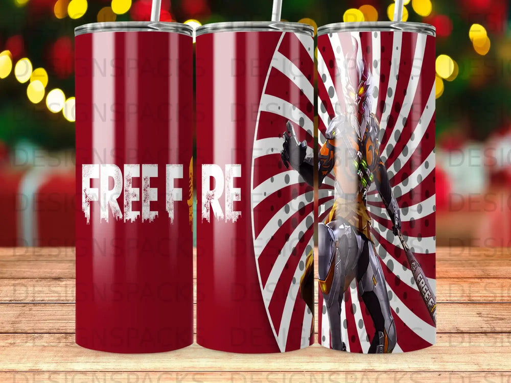 Free Fire tumbler with stylized character and radiating red and white background.