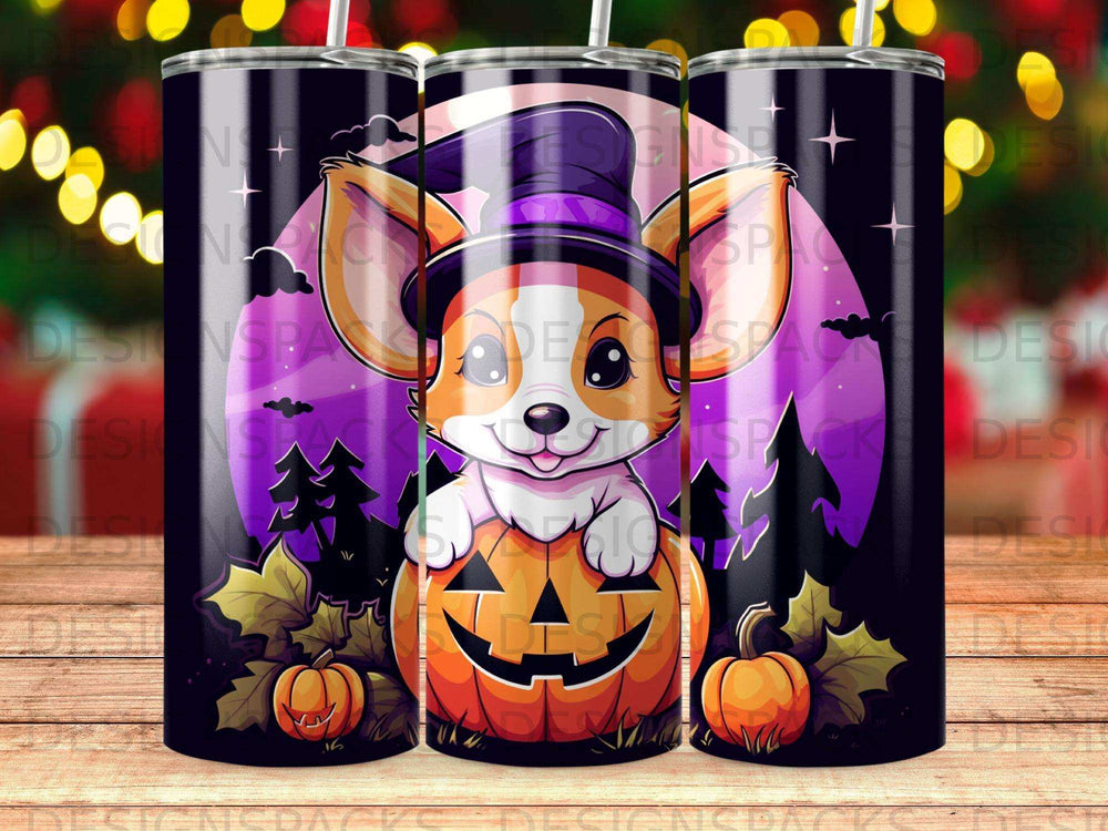 Halloween corgi in pumpkin hat with pumpkins and spooky trees.