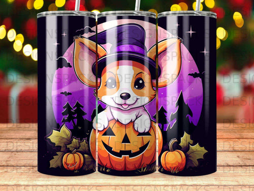 Halloween corgi in pumpkin hat with pumpkins and spooky trees.
