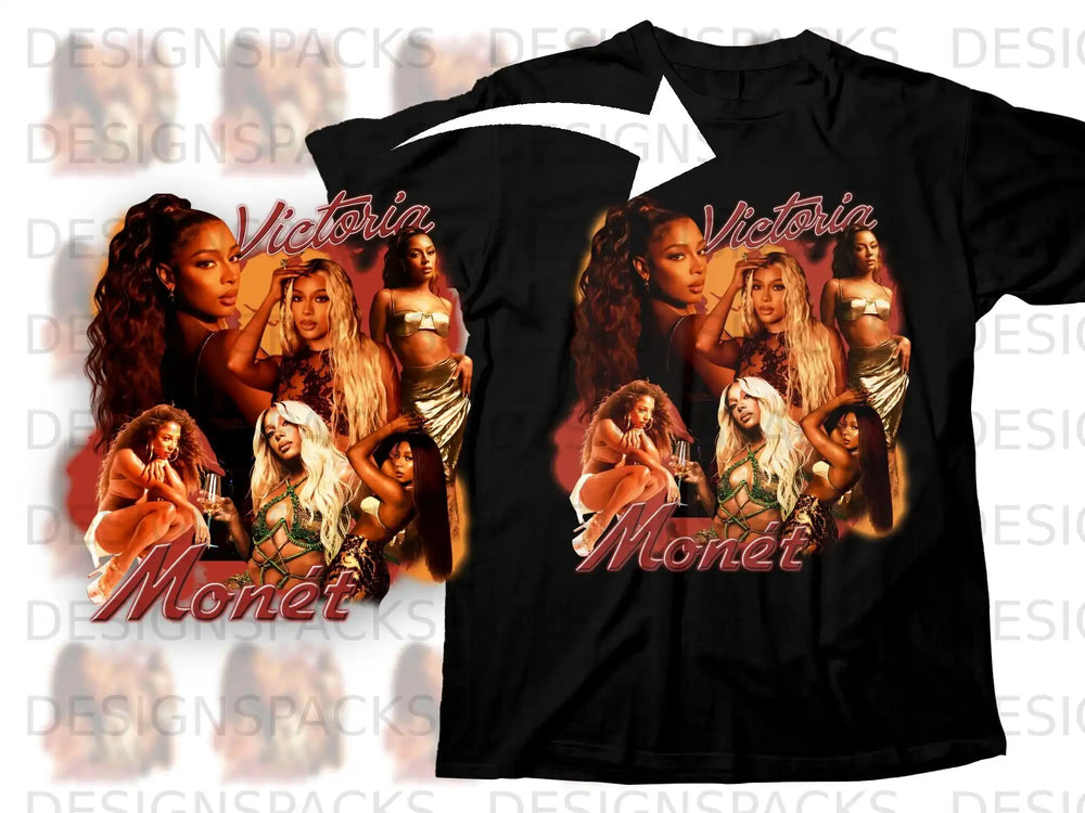 Black t-shirt with collage of Victoria Monet images and text.