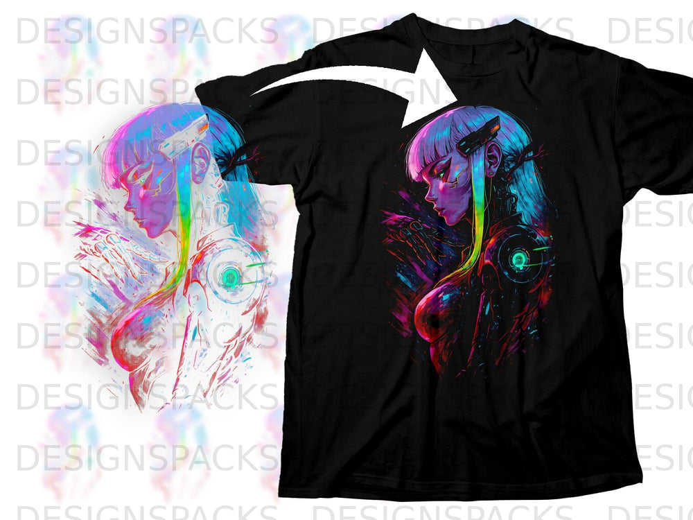 Black t-shirt with a colorful cyberpunk woman graphic and an arrow.