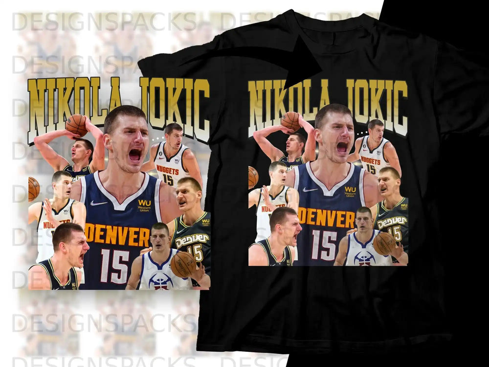 Denver Nuggets Nikola Jokic "15" jersey t-shirt with player collage.