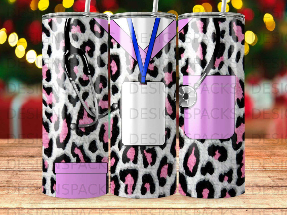 Leopard print tumbler with stethoscope and ID badge design.