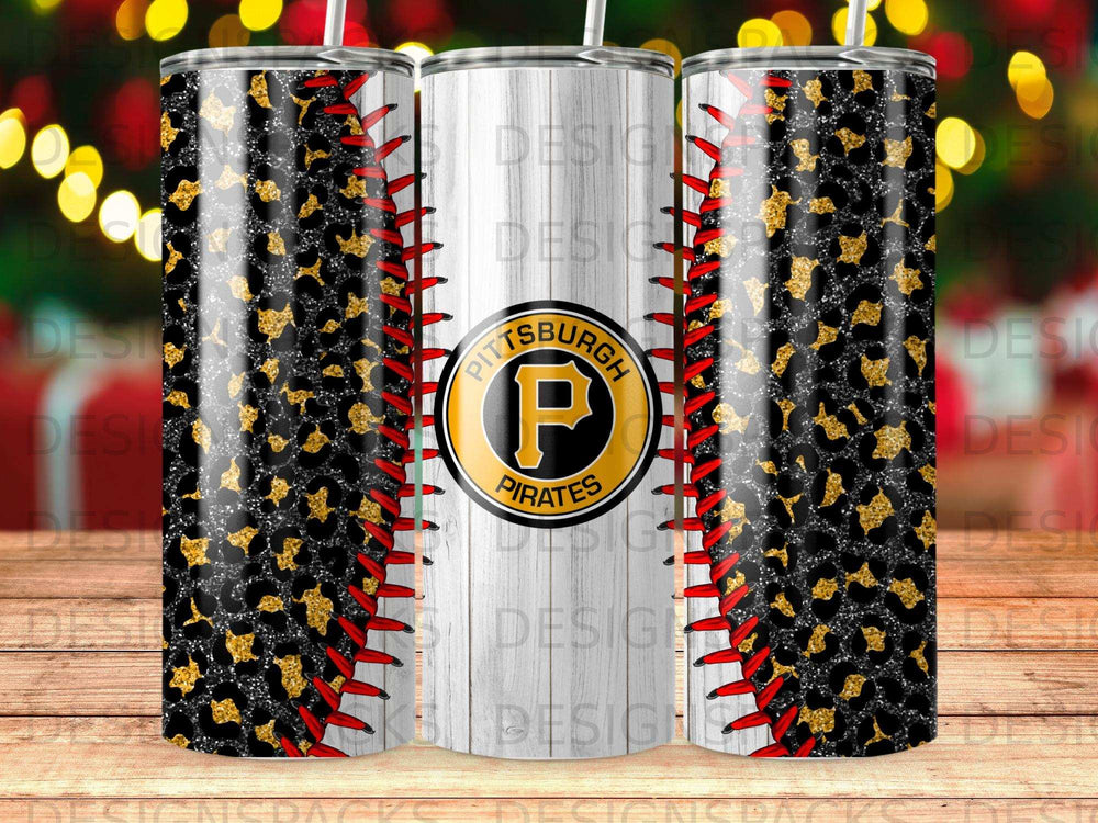 Pittsburgh Pirates logo on a tumbler with leopard print and baseball stitching.