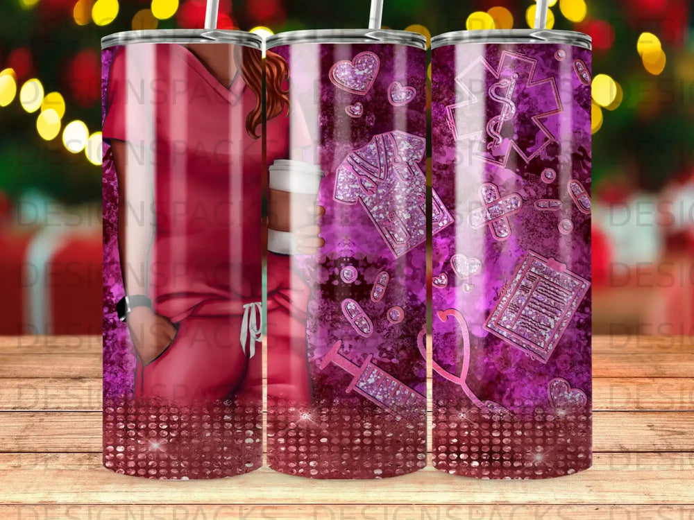 Pink tumbler with medical symbols and glitter accents.
