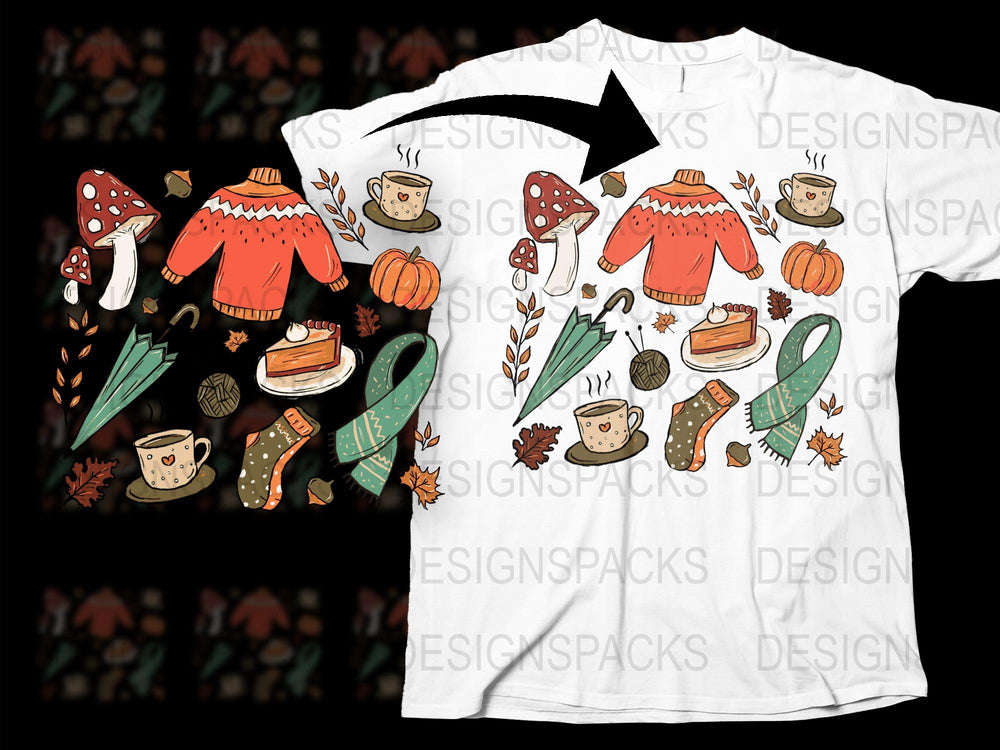 Autumn Inspired T-Shirt with Pumpkins, Mushrooms, Leaves Design, Fall Season Apparel for All Ages