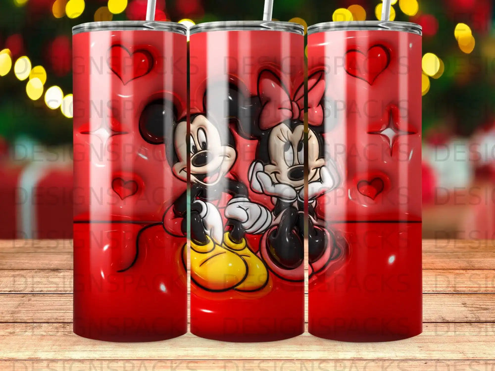 Mickey and Minnie Mouse design on a red tumbler with heart pattern.