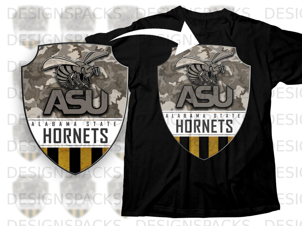 Black t-shirt with ASU Hornets shield logo featuring a bee and camouflage pattern.