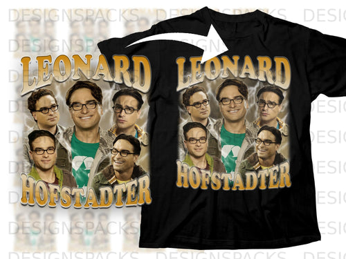 Leonard Hofstadter collage with lightning background on black t-shirt.