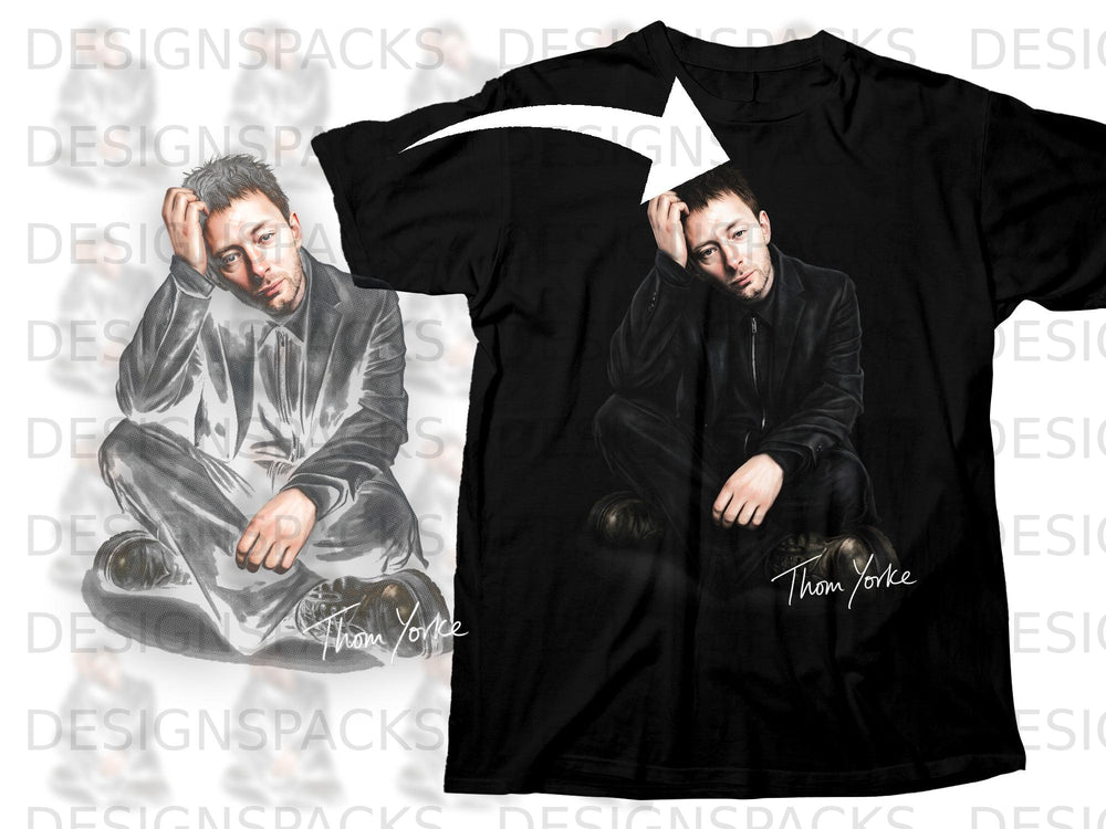 Black t-shirt featuring Thom Yorke illustration with signature.