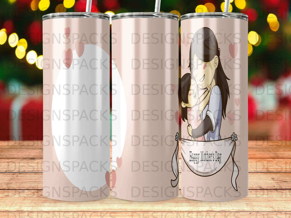 Mother hugging child, "Happy Mother's Day" text on pink tumbler.