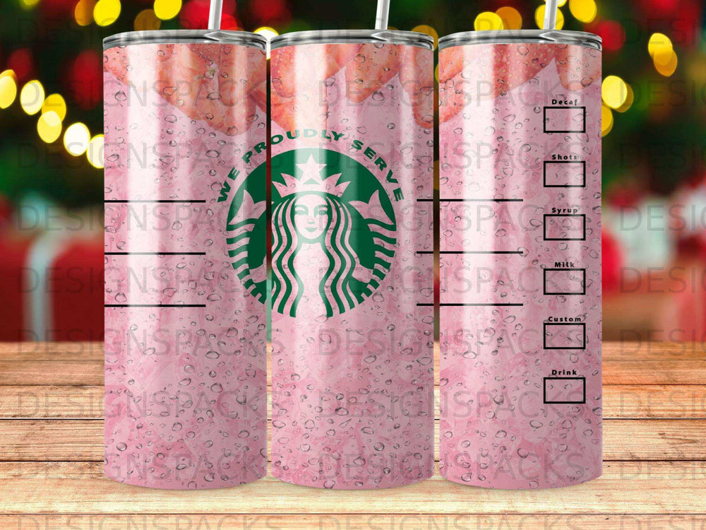 Pink tumbler with Starbucks logo and drink customization labels.