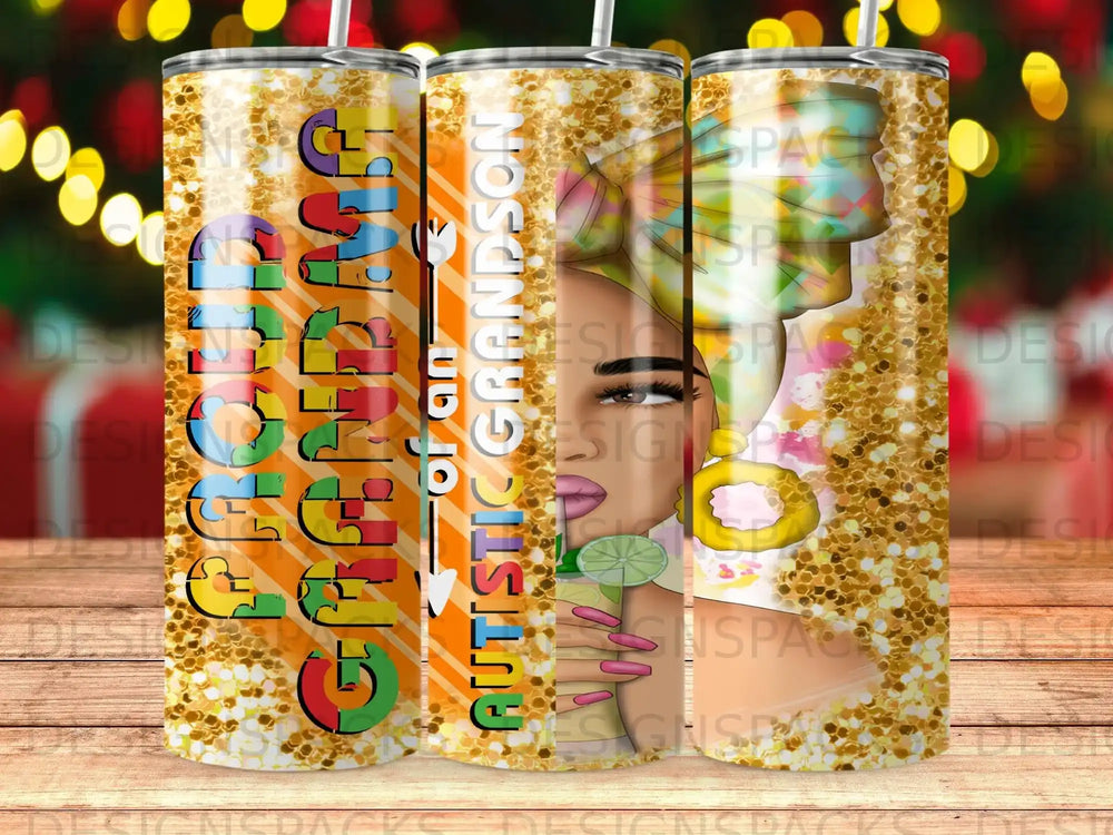 Glittery tumbler with "Proud Grandma of an Autistic Grandson" text and woman's face.