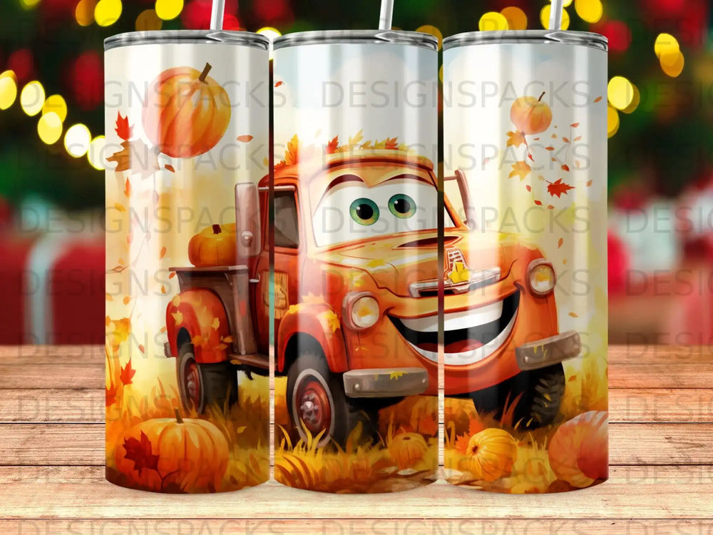 Lightning McQueen from Cars in an orange truck with pumpkins and fall leaves.