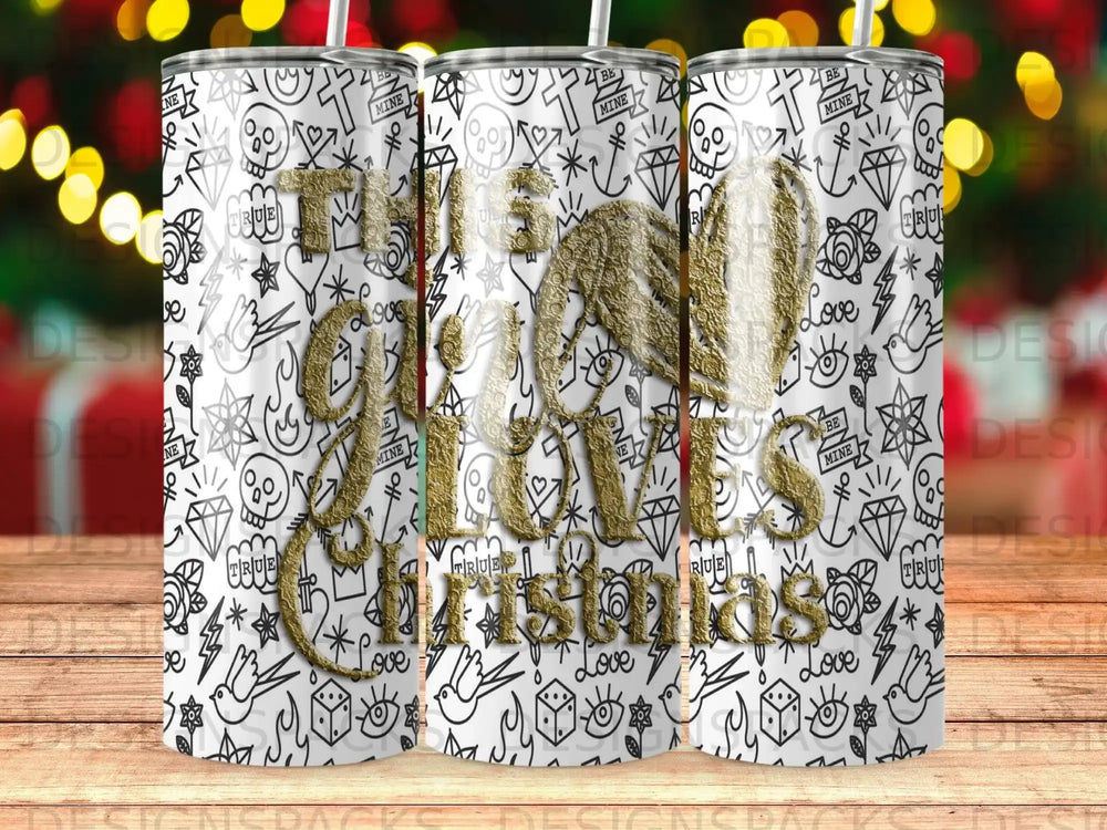 Christmas tumbler wrap with gold "The Give Thanks" text and doodles.