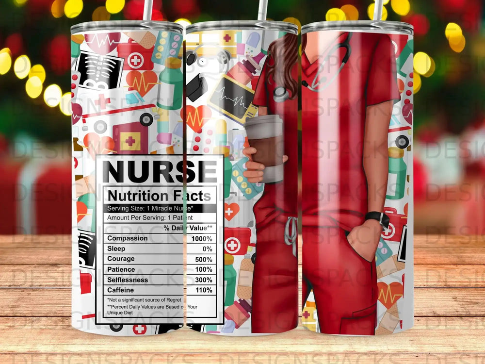 Nurse nutrition facts tumbler with medical icons and a nurse holding a coffee cup.