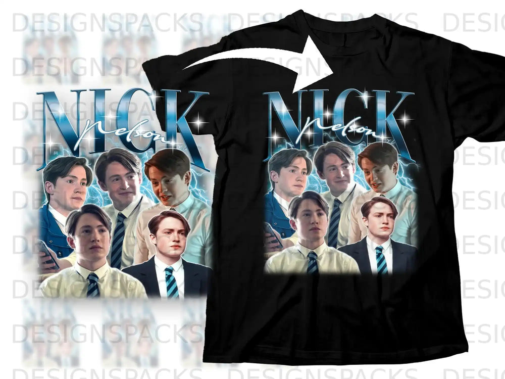 T-shirt featuring a collage of young men and lightning graphics.