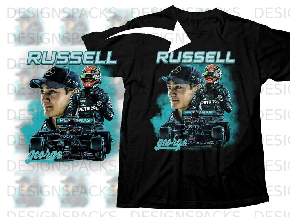 Black t-shirt featuring George Russell and racing car graphic.